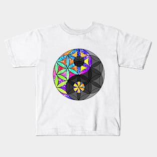 Rainbow Geometric Circle Flower Mandala - Yin Yang Black Kids T-Shirt